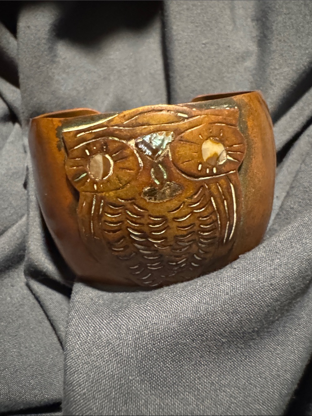 Hand-Carved Brown Owl Leather Cuff Bracelet
